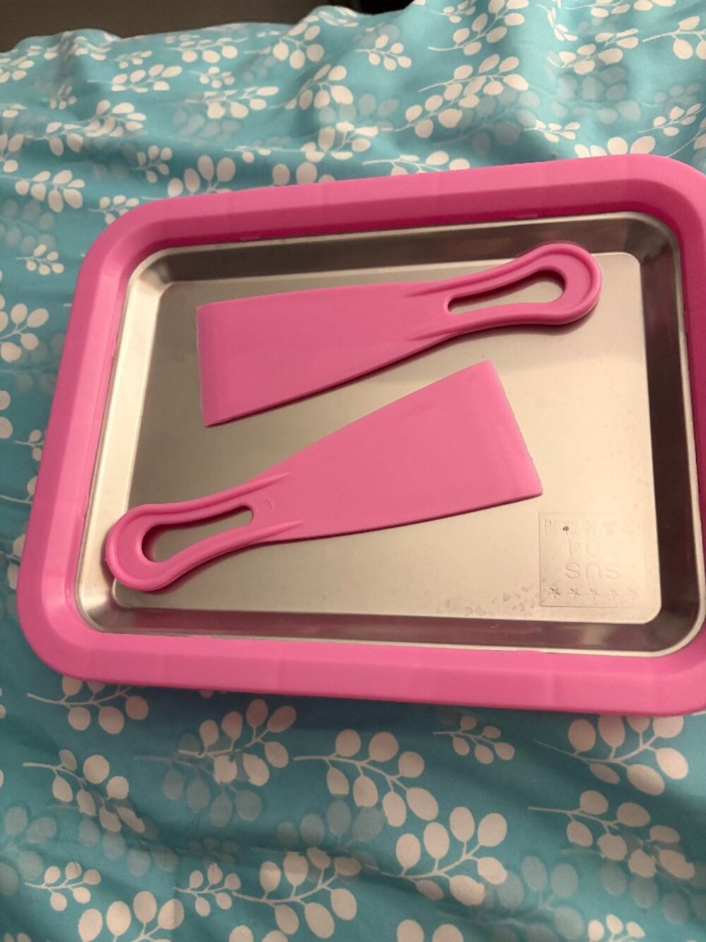 Pink Rolled Ice Cream Maker Freezer Tray w/ 2 Spatulas
